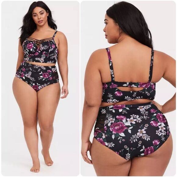 Torrid Floral Strappy Push Up Balconette Bikini Top in Black/Pink/White | 3R - Picture 1 of 8